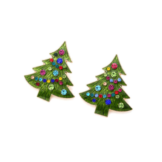 Holiday green color enamel christmas tree alloy studs earrings