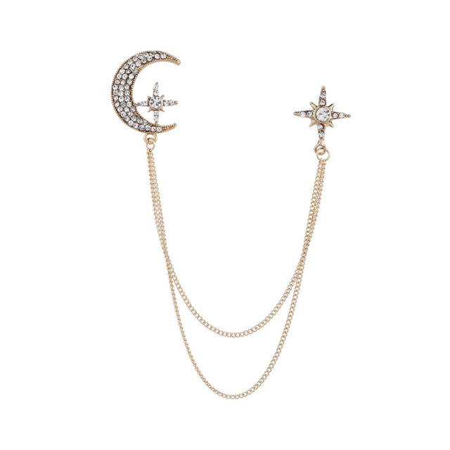 Delicate popular diamond star moon chain tassel pin brooch for men women