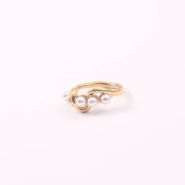 18K gold plated pearl bead unique wave design stainless steel finger rings