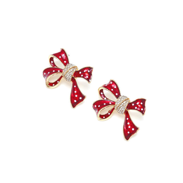 Sweet polka dot bow alloy enamel christmas festival studs earrings