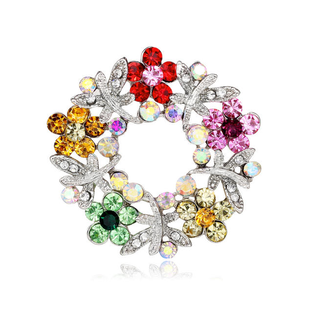 Delicate colorful rhinestone circle metal brooch