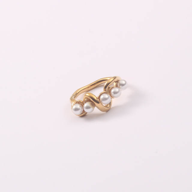 18K gold plated pearl bead unique wave design stainless steel finger rings