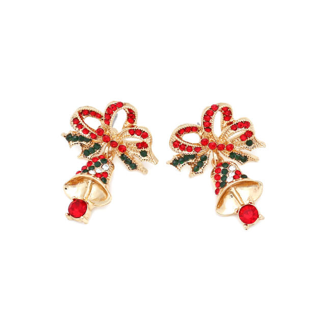 Sweet red color christmas bell with bow alloy earrings