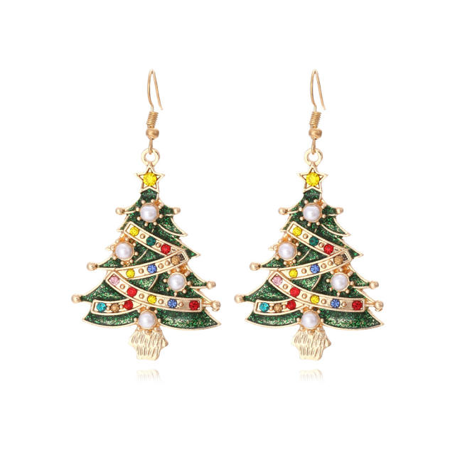 Cute imitation pearl bead green color christmas tree ear hook earrings