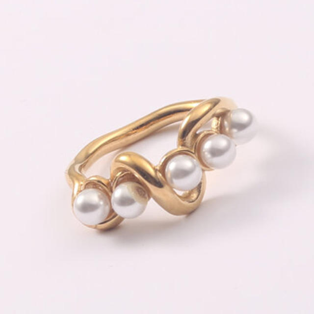 18K gold plated pearl bead unique wave design stainless steel finger rings