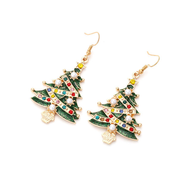 Cute imitation pearl bead green color christmas tree ear hook earrings