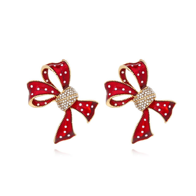 Sweet polka dot bow alloy enamel christmas festival studs earrings