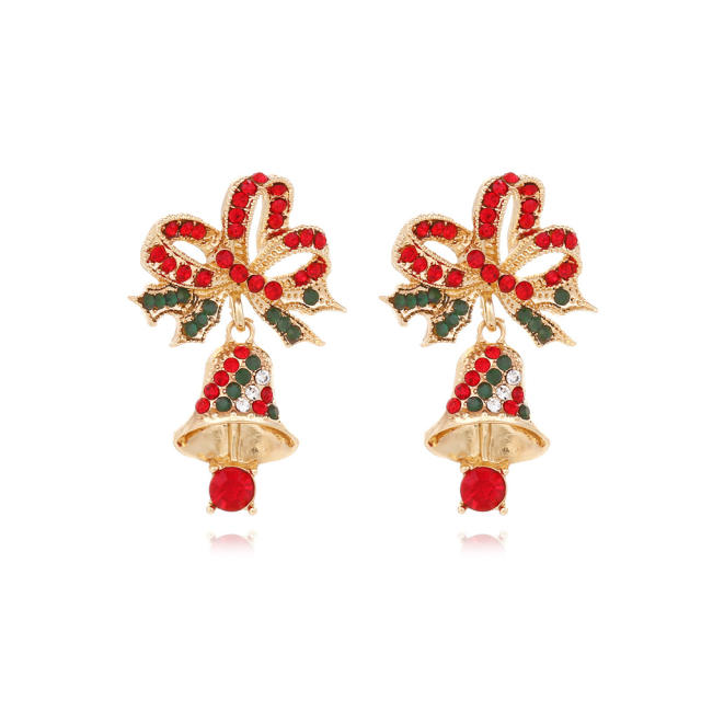 Sweet red color christmas bell with bow alloy earrings