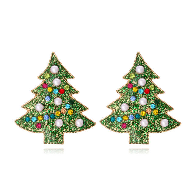 Holiday green color enamel christmas tree alloy studs earrings