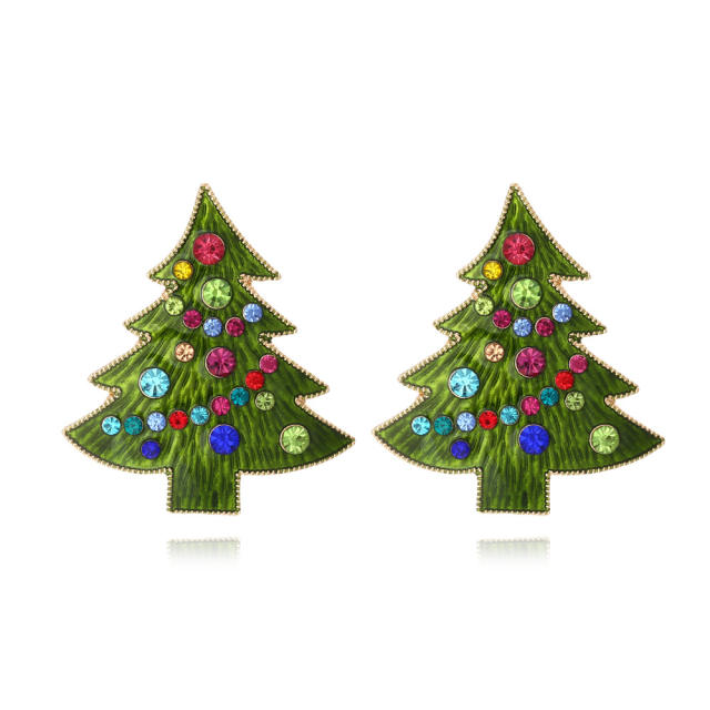 Holiday green color enamel christmas tree alloy studs earrings