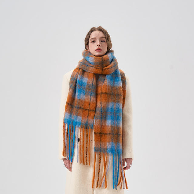 Vintage plaid pattern Wool mohair winter autumn scarf