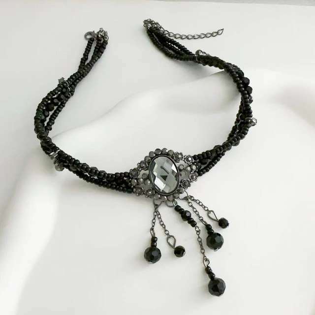 Gothic black white crystal bead choker necklace