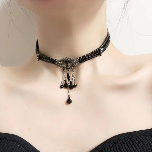 Gothic black white crystal bead choker necklace