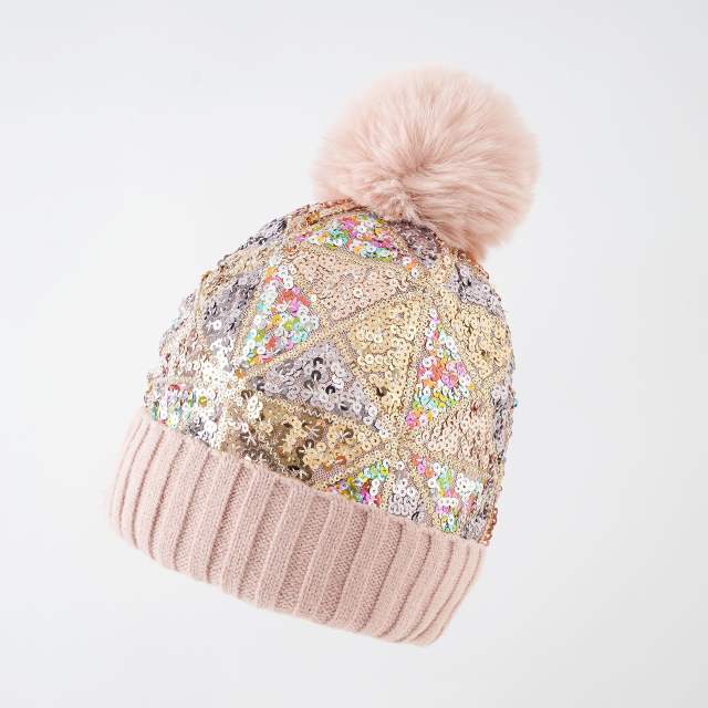 Winter autumn knitted sequins fluffy ball Beanie cap