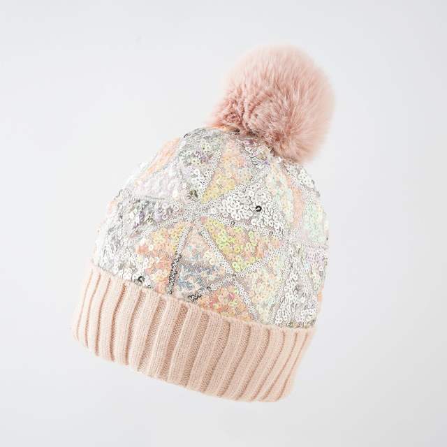 Winter autumn knitted sequins fluffy ball Beanie cap