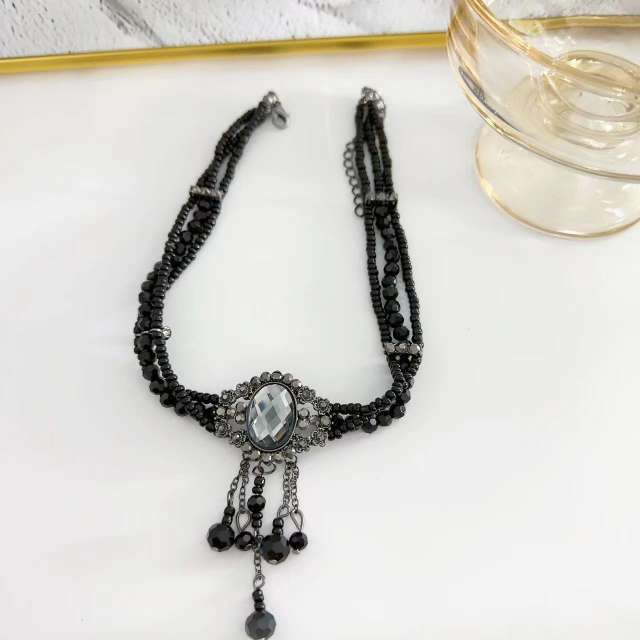 Gothic black white crystal bead choker necklace