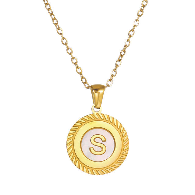 18KG round shell initial letter pendant stainless steel necklace