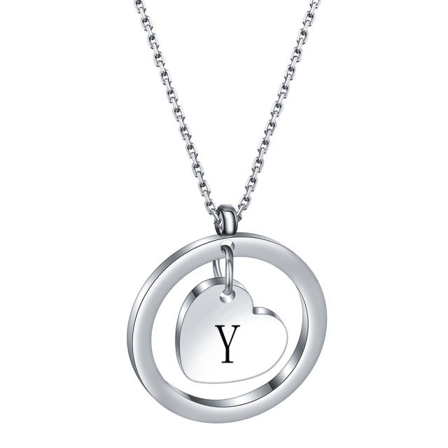 304 stainless steel heart circle pendant initial letter necklace