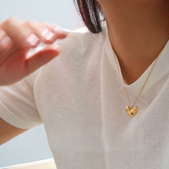 Irregular surface peach heart pendant dainty stainless steel necklace