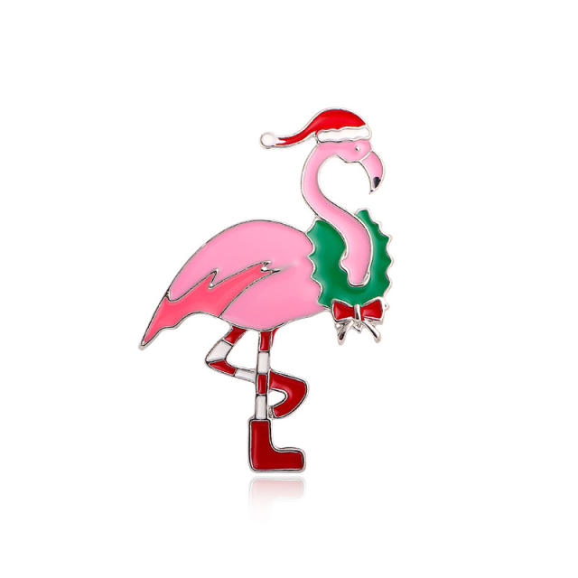 Christmas flamingo christmas tree metal brooch