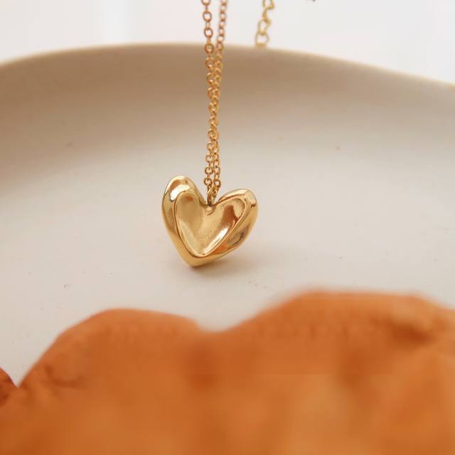 Irregular surface peach heart pendant dainty stainless steel necklace