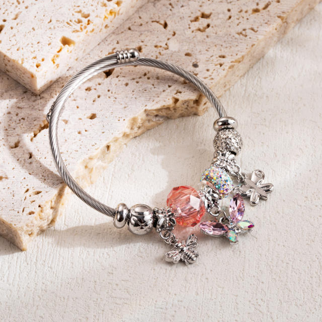 Classic pink silver color bead diy bracelet bangle