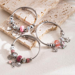 Classic pink silver color bead diy bracelet bangle