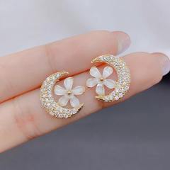 925 needle moonstone flower diamond star women studs earrings