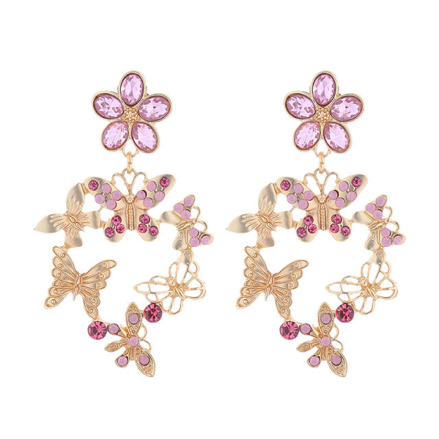 Vintage gold metal butterfly rhinestone flower dangle earrings