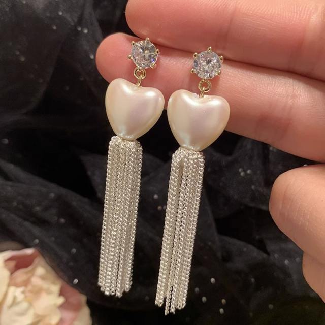 925 needle sweet heart pearl chain tassel dangle earrings