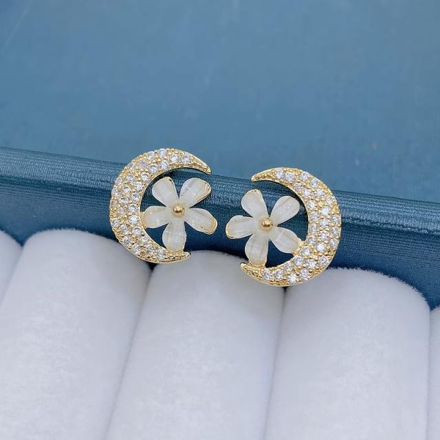 925 needle moonstone flower diamond star women studs earrings
