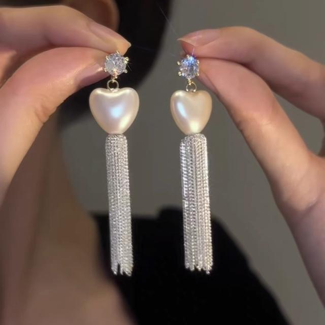 925 needle sweet heart pearl chain tassel dangle earrings