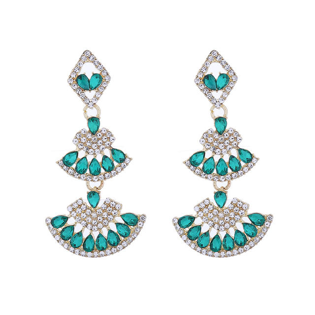 Boho colorful glass crystal statement fan shape dangle earrings party prom earrings