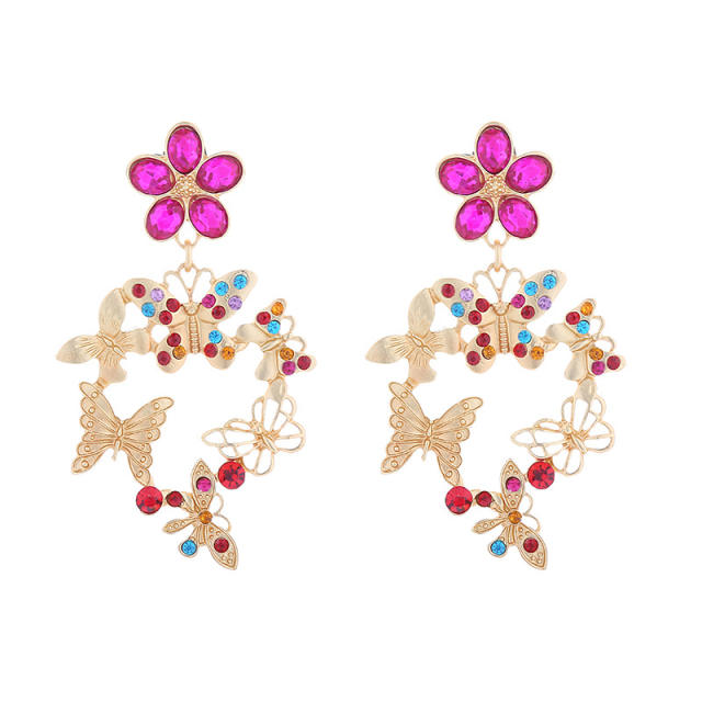 Vintage gold metal butterfly rhinestone flower dangle earrings