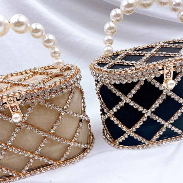 Luxury pave setting rhinestone pearl handle busket bag evening bag