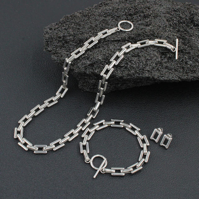 Chunky stainless steel chain toggle bracelet necklace earrings set