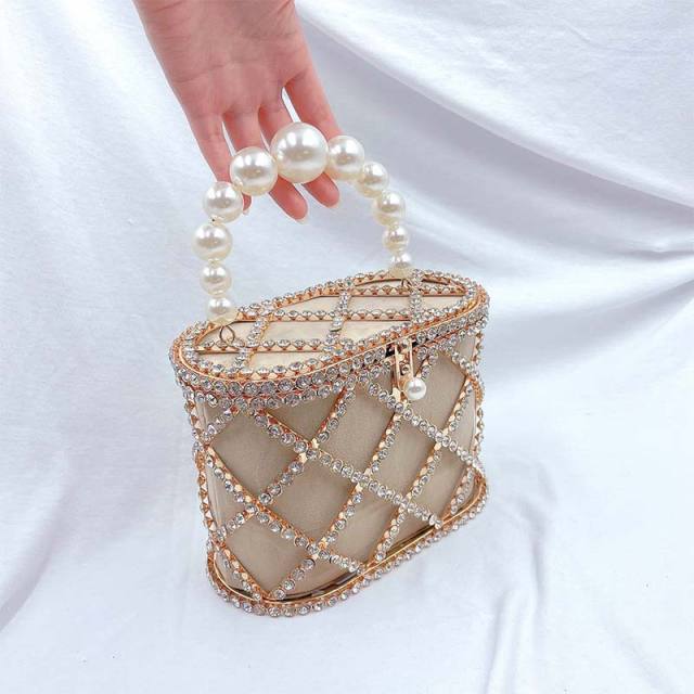 Luxury pave setting rhinestone pearl handle busket bag evening bag