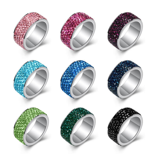 Delicate pave setting colorful rhinestone 5 row stainless steel rings band