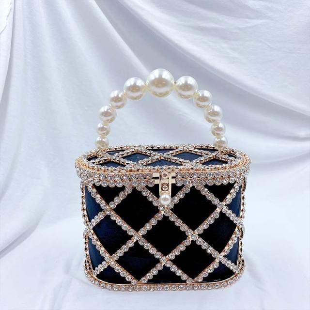 Luxury pave setting rhinestone pearl handle busket bag evening bag