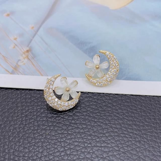 925 needle moonstone flower diamond star women studs earrings