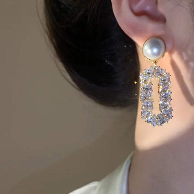 925 needle luxury diamond dangle pearl bead women earrings