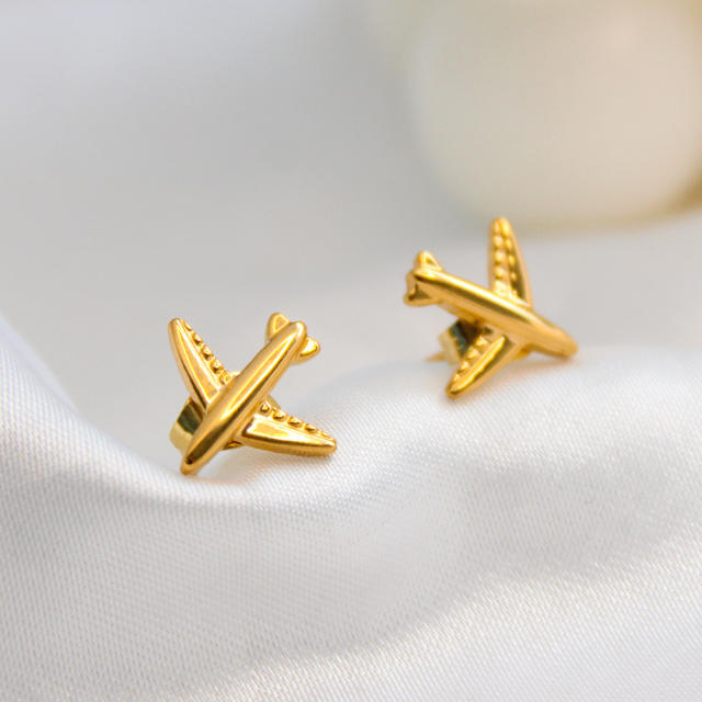 Funny airplane design stainless steel studs earrings cute studs