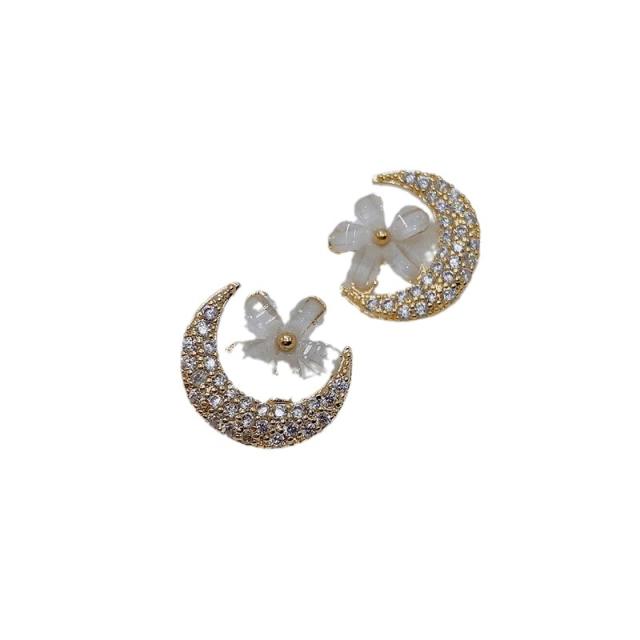 925 needle moonstone flower diamond star women studs earrings