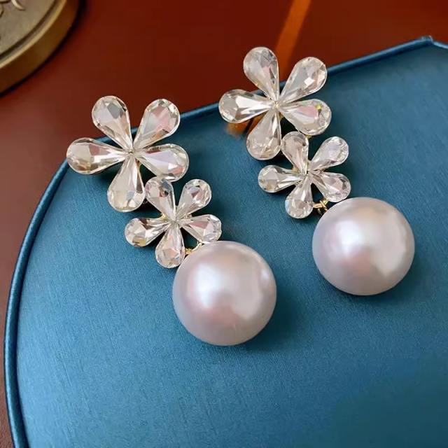 Luxury crystal flower pearl drop dangle earrings