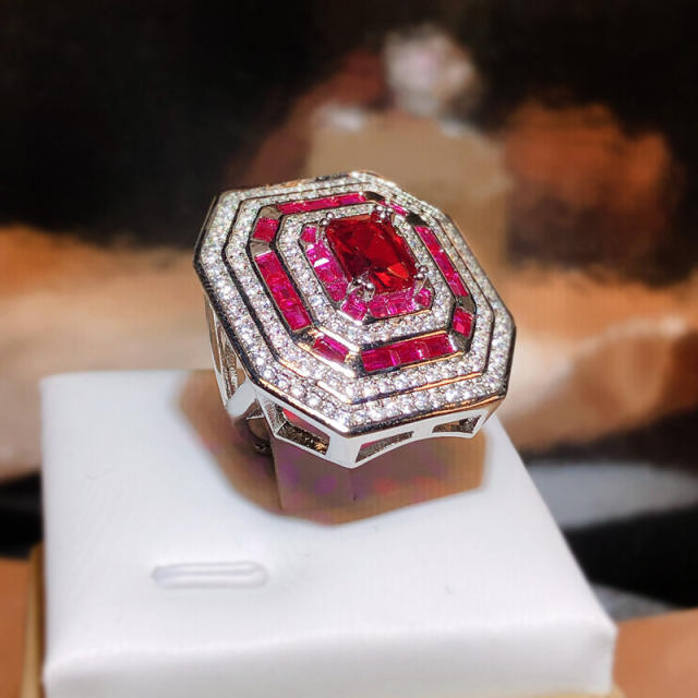 18KG rose flower color cubic zircon statement finger rings for women