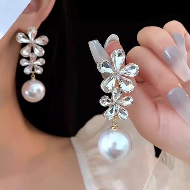 Luxury crystal flower pearl drop dangle earrings