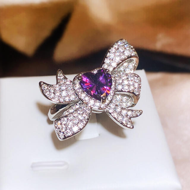 Chunky amethyst cubic zircon diamond bow statement rings