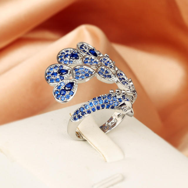 Delicate sapphire blue cubic zircon peacock design finger rings