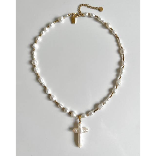 Hot sale baroque pearl cross real gold plated copper necklace