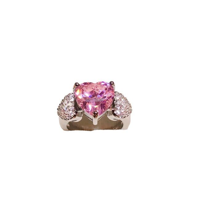 Sweet pink heart cubic zircon statement women finger rings